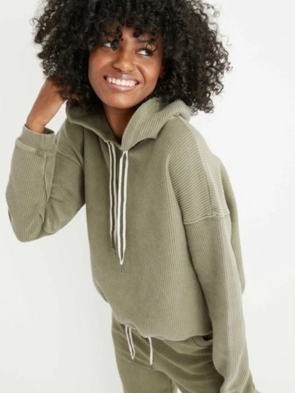 aerie Olive Ribbed Hoodie with Contrast Drawcords